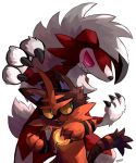  2016 ambiguous_gender anthro better_version_at_source black_body black_claws black_fur black_markings black_nose claws duo fangs felid feline fingers fur glowing green_eyes hair looking_at_another lycanroc mammal markings midnight_lycanroc nightsanghaw nintendo open_mouth pink_nose pok&eacute;mon pok&eacute;mon_(species) red_body red_fur red_markings red_sclera sharp_teeth smile teeth torracat video_games white_body white_eyes white_fur white_hair yellow_sclera 