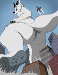  2020 aircraft airplane anthro arctic_fox blue_eyes bottom_view building canid canine day fox fur looking_at_viewer macro male mammal nude plantigrade rampage sky skyscraper smile solo vegabone vegabone_(character) white_body white_fur 