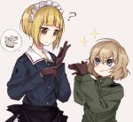  2girls ? apron bangs black_gloves blonde_hair blue_eyes blue_jacket blunt_bangs commentary cutlass_(girls_und_panzer) dog eyebrows_visible_through_hair fox_shadow_puppet frilled_apron frills girls_und_panzer glove_pull gloves green_jumpsuit imagining jacket jumpsuit katyusha_(girls_und_panzer) light_frown long_sleeves looking_at_viewer maid_headdress military military_uniform multiple_girls ooarai_military_uniform pravda_military_uniform shirt short_hair smirk sparkle standing thought_bubble uniform waist_apron yellow_eyes yuuyu_(777) 