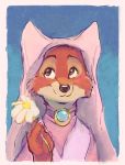  anthro black_nose blue_background brown_eyes canid canine clothed clothing disney female flower fox fur hi_res jonas maid_marian mammal plant red_body red_fox red_fur robin_hood_(disney) simple_background smile solo tan_body tan_fur 