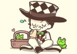  1boy absurdres argyle_clothes argyle_hat basket black_hair black_hat black_shoes bow bowtie chibi chibi_only closed_eyes closed_mouth coat commentary commentary_request crossed_legs facial_hair food frog full_body green_bow green_bowtie handkerchief hat heart highres holding holding_food holding_sandwich jojo_no_kimyou_na_bouken long_sleeves m_a_a_m_8 male_focus musical_note mustache pants phantom_blood picnic_basket red_shirt red_vest sandwich shirt shoes short_hair simple_background sitting smile solo top_hat u_u vest white_coat white_hat white_pants will_anthonio_zeppeli 