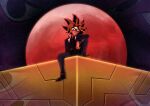  1boy black_shirt blonde_hair blue_jacket blue_pants closed_mouth disembodied_eye full_moon highres jacket knee_up kris_dobbins looking_at_viewer male_focus millennium_puzzle moon pants red_eyes red_moon shirt sitting smug solo spiked_hair third_eye yami_yugi yu-gi-oh! yu-gi-oh!_(toei) 