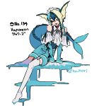  1girl ascot black_garter_straps blonde_hair blue_corset blue_hair blue_ribbon blue_tail braid collar corset detached_sleeves fins flat_chest frilled_sleeves frills garter_straps harurie head_fins highres humanization medium_hair multicolored_hair pokemon purple_eyes ribbon shorts split-color_hair suspenders tail thighhighs vaporeon water white_ascot white_thighhighs 