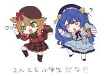  2girls :d ? ahoge amamiya_kokoro bangs bell beret black_footwear black_headwear black_legwear black_ribbon blue_hair blush brown_eyes brown_footwear brown_hair brown_skirt chibi commentary dress eyebrows_visible_through_hair fang genba_neko green_eyes grey_dress hair_bell hair_between_eyes hair_ornament hair_ribbon hat jacket jingle_bell juliet_sleeves kneehighs long_hair long_sleeves multiple_girls nijisanji open_mouth pantyhose pleated_skirt pointing puffy_sleeves red_jacket ribbon simple_background skirt smile standing standing_on_one_leg sweat symbol_commentary translation_request two_side_up v-shaped_eyebrows very_long_hair virtual_youtuber warabeda_meijii white_background white_legwear yamabukiiro 