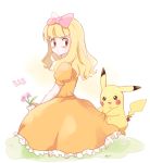  1boy blush bow brown_hair commentary_request creature crossdressing dress embarrassed flower gen_1_pokemon grass hair_bow holding holding_flower juliet_sleeves long_hair long_sleeves male_focus mei_(maysroom) number orange_dress otoko_no_ko pikachu pink_bow pokemon pokemon_(anime) pokemon_(classic_anime) pokemon_(creature) puffy_sleeves satoko_(pokemon) satoshi_(pokemon) simple_background smile white_background wig 