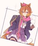  1girl animal_ears bag blue_coat blush bow bowtie breasts brown_gloves buttons closed_mouth coat commentary_request crown domdam80 double-breasted gloves hair_between_eyes hand_in_pocket holding holding_snowball horse_ears horse_girl horse_tail long_sleeves looking_at_viewer mini_crown open_clothes open_coat orange_hair orange_tail pink_crown pink_scarf pleated_skirt purple_eyes purple_sailor_collar purple_serafuku purple_shirt purple_skirt purple_thighhighs sailor_collar scarf school_bag school_uniform serafuku shirt short_hair skirt smile snowball solo t.m._opera_o_(umamusume) tail thighhighs tracen_school_uniform tracen_winter_coat umamusume white_bow white_bowtie winter_clothes winter_coat winter_uniform 