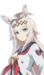  1girl absurdres ahoge animal_ears blue_eyes blue_ribbon blue_sailor_collar closed_eyes commentary_request drop_shadow ear_ribbon hair_ornament highres horse_ears horse_girl kiyosuke_(kiyosuke023) long_hair long_sleeves multicolored_hair neckerchief oguri_cap_(starlight_beat)_(umamusume) oguri_cap_(umamusume) red_neckerchief revision ribbon sailor_collar shirt solo star_(symbol) streaked_hair twitter_username umamusume umamusume:_cinderella_gray upper_body white_background white_hair white_shirt 