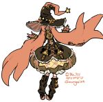  1girl boots bubble_skirt dark_skin dress frills gloves gourgeist hair_over_eyes harurie highres humanization long_hair midriff orange_hair pokemon ribbon skirt socks solo striped_clothes striped_socks witch yellow_eyes 