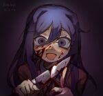  1girl 2023 :d artist_name blood blood_on_face blood_on_hands blood_on_knife brown_jacket collared_shirt commentary dated doki_doki_literature_club doki_doki_literature_club_school_uniform double-parted_bangs english_commentary eyebrows_hidden_by_hair hair_between_eyes hair_intakes hair_ornament hair_over_shoulder hands_up highres holding holding_knife index_finger_raised jacket keyukiyoo kitchen_knife knife leaning_forward long_hair looking_at_viewer neck_ribbon open_mouth purple_eyes purple_hair red_ribbon ribbon ringed_eyes school_uniform shirt sidelocks sketch smile solo straight-on straight_hair vignetting white_shirt wide-eyed yandere yuri_(doki_doki_literature_club) 