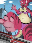  2019 3_toes 4_fingers anthro bikini blue_eyes bra ceratopsian clothing cloud day dinosaur female fingers foot_focus horn macro navel open_mouth ornithischian plantigrade radio_antenna rampage reptile scalie sky skyscraper solo street_lamp swimwear toes train triceratops underwear urban_rail vegabone vehicle 