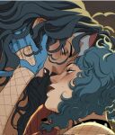  2girls absolute_dc absolute_wonder_woman amazon_warrior black_choker black_hair blue_eyes blue_gloves blush choker curly_hair dc_comics eye_contact fishnet_top fishnets gloves hand_on_another's_cheek hand_on_another's_face highres long_hair looking_at_another marceline2174 multiple_girls sweat wonder_woman wonder_woman_(absolute_dc) wonder_woman_(series) yuri zatanna_zatara zatanna_zatara_(absolute_dc) 
