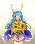  1girl animal_ears bangs bare_shoulders blue_dress blue_hair blunt_bangs blush brown_eyes bunny_ears closed_mouth collarbone crossed_arms dress eyebrows_visible_through_hair fake_animal_ears flower hairband highres holding holding_flower long_hair looking_at_viewer oma-chi original ribbon smile solo sunflower yellow_ribbon 