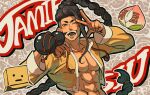  1boy abs absurdly_long_hair arms_up bare_pectorals black_hair blush box braid brown_eyes cardboard_box character_name collarbone commentary_request cowboy_shot cropped_jacket dark-skinned_male dark_skin food fruit gourd groin holding holding_gourd jacket jamie_siu long_hair male_focus one_eye_closed open_clothes open_jacket open_mouth peach pectorals rope single_braid smile solo street_fighter street_fighter_6 syazai teeth three-finger_salute toned toned_male very_long_hair watermark white_trim yellow_jacket 