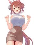  1girl ahoge alternate_costume animal_ears blush breasts brown_eyes brown_hair brown_skirt checkered_ribbon commentary_request covered_navel dantsu_flame_(umamusume) ear_covers ear_ribbon hair_between_eyes highres horse_ears horse_girl horse_tail katsushika_yuki large_breasts looking_at_viewer multicolored_hair open_mouth shirt simple_background skirt sleeveless sleeveless_shirt smile solo tail umamusume white_background white_hair white_shirt 
