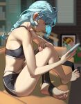  1girl absurdres barefoot blue_eyes blue_hair cloudy_rain4 commission from_side highres holding holding_phone indoors long_hair phone pixiv_commission profile seed_(zenless_zone_zero) sitting solo toeless_socks toes zenless_zone_zero 