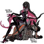  1girl 2boys all_fours bandana black_hair body_markings boots breasts buckle cleavage colored_skin corset eyelashes gloves grey_eyes grey_pants grey_skin harurie high_heels highres large_breasts latex latex_gloves latex_thighhighs lizard_tail long_hair long_sleeves mask mouth_mask multiple_boys pants partial_humanization pokemon purple_corset salandit salazzle sitting sitting_on_person tail thighhighs 