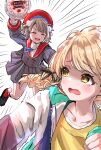  2girls :d ^_^ beret birthday_cake black_shoes blonde_hair blue_ribbon braid cake closed_eyes commentary_request crying emphasis_lines fleeing food fujita_kotone gakuen_idolmaster grey_jacket grey_skirt hair_ornament hair_rings happy_birthday hat highres holding holding_cake holding_food icenoa1011 idolmaster impending_doom indie_virtual_youtuber jacket long_hair looking_back medium_hair miniskirt multicolored_jacket multiple_girls neck_ribbon open_clothes open_jacket open_mouth pink_jacket pleated_skirt pom_pom_(clothes) pom_pom_hair_ornament red_hat red_sailor_collar red_socks ribbon running sailor_collar shigure_ui_(1st_costume)_(vtuber) shigure_ui_(vtuber) shirt shoes simple_background skirt smile socks striped_clothes striped_jacket v-shaped_eyebrows vertical-striped_clothes vertical-striped_jacket virtual_youtuber white_background white_jacket yellow_eyes yellow_shirt 