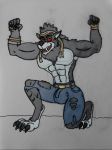  anthro bandanna barefoot bulge canid canine canis clothed clothing dire_(fortnite) dire_wolf epic_games fortnite hairy human humanoid hyper male mammal muscular solo topless unknown_artist video_games were werecanid werecanine werewolf wolf 