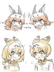  2boys 2girls :3 animal_ears animal_print black_hair blonde_hair blue_eyes blush bow bowtie breasts caracal_(kemono_friends) chewing dual_persona elbow_gloves extra_ears food genderswap genderswap_(ftm) gloves highres japari_bun kemono_friends large_breasts long_hair multicolored_hair multiple_boys multiple_girls open_mouth orange_bow orange_bowtie orange_hair orange_tail print_bow print_bowtie seki_mhsk serval_(kemono_friends) shirt short_hair simple_background skirt sleeveless smile tail traditional_bowtie translated 