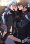  2boys arm_belt black_bow black_gloves black_jacket black_pants blue_bow blue_eyes blue_hair blush bow bracelet brown_eyes brown_hair cowboy_shot curtained_hair earrings edmond_(nu_carnival) eiden_(nu_carnival) face-to-face furrowed_brow gloves gold_earrings hair_between_eyes hair_bow half_gloves hand_on_another's_face highres imminent_kiss jacket jewelry lens_flare light_particles looking_at_another low_ponytail male_focus multiple_boys nu_417 nu_carnival official_alternate_costume pants parted_bangs parted_lips ponytail sweatdrop twitter_username v-shaped_eyebrows white_gloves window yaoi 