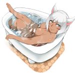  1girl animal_ears bakkanki bathing bathtub breasts cat_ears cat_tail claw_foot_bathtub commission dark_skin eyebrows_visible_through_hair facial_mark final_fantasy grey_eyes highres looking_at_viewer looking_away looking_back medium_breasts miqo&#039;te nude partially_submerged simple_background smile solo tail tile_floor tiles water whisker_markings white_background white_hair y&#039;shtola_rhul 