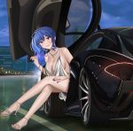  1girl absurdres azur_lane backless_outfit bangs bare_shoulders blue_hair blue_nails blush bracelet breasts building car city cityscape crossed_legs curly_hair formal ground_vehicle hair_between_eyes high_heels highres jewelry large_breasts legs mclaren_p1 motor_vehicle necklace pink_hair quatthro shiny side_ponytail sitting sky skyscraper st._louis_(azur_lane) st._louis_(luxurious_wheels)_(azur_lane) 