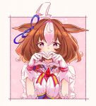  1girl :3 ahoge animal_ears between_breasts blush breasts brown_hair closed_mouth commentary_request domdam80 double-parted_bangs ear_ribbon four-finger_heart_hands gloves hair_between_eyes hairband heart heart_hands horse_ears horse_girl large_breasts long_sleeves looking_at_viewer meisho_doto_(turbulent_blue)_(umamusume) meisho_doto_(umamusume) multicolored_hair pink_hairband purple_eyes shirt short_hair smile strap_between_breasts two-tone_hair umamusume upper_body white_gloves white_hair white_shirt 