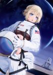  1girl american_flag astronaut astronaut_helmet black_bodysuit blonde_hair blue_eyes bodysuit deca_purio gloves helmet highres holding holding_helmet nasa nasa_logo navel original short_hair solo space space_craft spacesuit white_gloves 