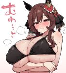  1girl alternate_breast_size_(larger) animal_ears arms_under_breasts bikini black_bikini black_ribbon blush braid braided_hair_rings breasts brown_hair commentary_request ear_covers ear_ribbon gentildonna_(umamusume) gradient_background hair_rings horse_ears horse_girl huge_breasts light_smile looking_at_viewer parted_lips pink_background red_eyes ribbon shimiya_(aokuchi) skindentation solo sweat swimsuit umamusume upper_body white_background 
