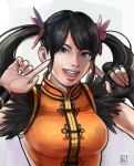  1girl 2020 black_hair breasts fingerless_gloves fingers_to_cheeks gloves grey_eyes hair_ornament john_crayton ling_xiaoyu long_hair looking_at_viewer medium_breasts open_mouth parted_hair single_glove smile tekken tekken_7 twintails upper_body upper_teeth wristband 