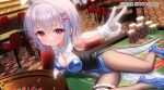  >:) 1girl angelic_link black_vest blue_leotard blue_shoes blurry blurry_background bow breasts brown_pantyhose chair character_request chitosezaka_suzu closed_mouth commentary_request depth_of_field gloves grey_bow grey_hair hair_between_eyes hair_ornament hairclip high_heels indoors leotard looking_at_viewer official_art on_table outstretched_arm oversized_breast_cup pantyhose playboy_bunny poker_chip red_eyes roulette_table shoes small_breasts smile solo strapless strapless_leotard table v v-shaped_eyebrows vest white_gloves x_hair_ornament 