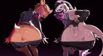  2girls animal_ears anus ass ass_focus atta_(atta_1129) bent_over black_background black_gloves black_shorts black_sleeves brown_hair clothes_pull commentary commission deer_ears deer_girl deer_tail detached_sleeves earrings english_commentary fingerless_gloves from_behind furry furry_female gloves glowing glowing_eyes heart heart-shaped_pupils highres horns hypnosis jacket jewelry long_hair looking_at_viewer looking_back mind_control multicolored_hair multiple_girls no_panties open_mouth original pixiv_commission pointy_ears ponytail purple_eyes purple_hair pussy sharp_teeth short_hair short_shorts shorts shorts_pull smile symbol-shaped_pupils tail teeth 