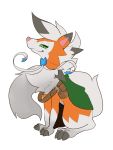  3:4 absurd_res ambiguous_gender belt canid canine cape claws clothing digitigrade dusk_lycanroc feral fluffy green_eyes hi_res looking_at_viewer lycanroc mammal mendobear nintendo pink_nose pok&eacute;mon pok&eacute;mon_(species) simple_background smug solo utility_belt video_games 
