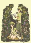  1boy 1girl animal brown_hair commentary_request ferret flower full_body garden gloves green_eyes green_hat hat highres holding kouzome_(setuna) long_hair orange_flower orange_rose original parted_lips profile purple_flower revision rose short_hair shorts smile squatting standing teeth upper_teeth_only wheel yellow_flower yellow_rose 