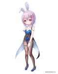  1girl :o angelic_link black_vest blue_leotard blue_shoes bow breasts brown_pantyhose character_request chitosezaka_suzu full_body gloves grey_bow grey_hair hair_between_eyes hair_ornament hairclip hand_up high_heels highres leotard looking_at_viewer official_art oversized_breast_cup pantyhose parted_lips playboy_bunny red_eyes shoes simple_background small_breasts solo standing strapless strapless_leotard vest white_background white_gloves x_hair_ornament 