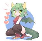  1girl :d black_legwear ceroblitz china_dress chinese_clothes draco_centauros dragon_girl dragon_horns dragon_tail dragon_wings dress footwear_request green_eyes green_tail green_wings hair_between_eyes heart highres horns looking_at_viewer medium_hair open_mouth pointy_ears puyopuyo red_dress simple_background smile solo tail thighhighs white_background wings 