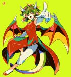  1girl ;d breasts china_dress chinese_clothes commentary_request draco_centauros dragon_girl dragon_horns dragon_tail dragon_wings dress elbow_gloves fang footwear_request full_body gloves green_background green_hair highres horns looking_at_viewer medium_breasts medium_hair mizuki_tsukimori one_eye_closed open_mouth pants partial_commentary pointing pointing_at_viewer pointy_ears puyopuyo red_dress red_wings simple_background skin_fang smile solo tail v-shaped_eyebrows white_gloves white_pants wings yellow_eyes 