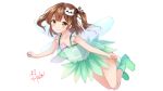  1girl aqua_footwear aqua_skirt artist_name bangs blush brown_eyes brown_hair fairy fairy_wings flower full_body hair_ornament looking_at_viewer original ryuka simple_background skirt sleeveless smile thighs two_side_up white_background wings 