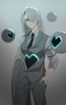  1girl 779_nnk armband breasts closed_mouth collared_shirt curtained_hair e.g.o_(project_moon) employee_(project_moon) feet_out_of_frame floating floating_object grey_armband grey_background grey_eyes grey_hair grey_jacket grey_pants grey_shirt grey_suit grey_theme grey_vest hair_over_one_eye hand_in_pocket heart heart_print highres holding holding_unworn_clothes holding_unworn_jacket jacket jacket_on_arm lapels lobotomy_corporation looking_to_the_side medium_breasts medium_hair neon_trim nugget_(project_moon) one_eye_covered orb pant_suit pants parted_bangs print_vest project_moon shirt sleeves_rolled_up solo sound_of_a_star_(e.g.o) standing suit unworn_jacket vest waistcoat 