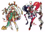  2girls arched_back black_eyes black_hair body_markings card colored_inner_hair detached_sleeves fur_collar green_scales harurie highres horns leg_warmers long_hair mahjong mahjong_tile multicolored_hair multiple_girls orange_horns original pantyhose pelvic_curtain playing_card polearm red_eyes red_hair spear strapless tube_top tutu twintails two-tone_hair weapon white_hair white_leg_warmers 