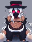  1girl absurdres blush breasts dark-skinned_female dark_skin hat highres houndeater large_breasts long_hair original plague_doctor_mask pointy_ears simple_background solo thighhighs very_long_hair white_hair 