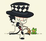  1boy absurdres basket black_hair black_hat black_shoes bow chibi chibi_only closed_eyes closed_mouth coat commentary commentary_request crossed_legs facial_hair food frog full_body green_bow handkerchief hat highres holding holding_paper jojo_no_kimyou_na_bouken long_sleeves m_a_a_m_8 male_focus mustache pants paper phantom_blood picnic_basket red_shirt red_vest sandwich shirt shoes short_hair simple_background sitting smile solo top_hat u_u vest white_coat white_hat white_pants will_anthonio_zeppeli 