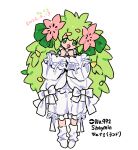  1girl ankle_socks bloomers bow collar flower frilled_collar frilled_shorts frilled_sleeves frills green_eyes green_hair hair_flower hair_ornament harurie highres humanization long_hair long_sleeves loose_socks messy_hair pink_flower pokemon shaymin shaymin_(land) shirt shorts socks tareme white_bloomers white_bow white_shirt 