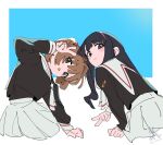  2girls absurdres artist_name atenaba black_hair black_shirt blue_background blush_stickers brown_hair cardcaptor_sakura daidouji_tomoyo from_behind green_eyes hair_bobbles hair_ornament hairband highres kinomoto_sakura long_hair looking_at_viewer looking_back multiple_girls neckerchief purple_eyes sailor_collar school_uniform shirt short_hair short_twintails signature sitting skirt tomoeda_elementary_school_uniform twintails v white_sailor_collar white_skirt yellow_neckerchief 