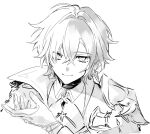  1boy ahoge armor belt belt_collar black_belt blnl_uhauha bowing choker coat collar collared_shirt earrings genshin_impact gloves greyscale hair_between_eyes half-closed_eyes highres jewelry lohen_(genshin_impact) long_sleeves looking_at_viewer male_focus mole mole_under_eye monochrome shirt short_hair shoulder_armor single_earring smile white_background 