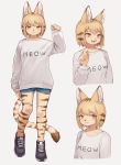  1girl :3 animal_ear_fluff animal_ears animal_nose bangs black_sneakers blonde_hair blush breasts cat cat_ears cat_girl cat_tail claws collarbone commentary_request erumeruta fang furry highres looking_at_viewer medium_breasts multiple_views original pawpads shirt shoes simple_background slit_pupils sneakers striped_fur tail white_background white_shirt yellow_eyes yellow_fur 