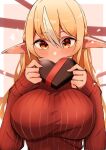  1girl alternate_costume blonde_hair blush box box_of_chocolates breasts commentary covered_mouth elf hair_between_eyes heart heart-shaped_box highres holding holding_box hololive large_breasts long_hair long_pointy_ears long_sleeves looking_at_viewer multicolored_hair pink_background pointy_ears red_eyes red_sweater ribbed_sweater shiranui_flare sleeves_past_wrists solo sweater taut_clothes two-tone_hair upper_body valentine virtual_youtuber white_hair yamaki_(yamaki801) 