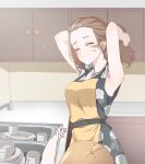  1girl absurdres apron arms_up bowl brown_hair call_of_duty call_of_duty:_mobile camouflage_paint closed_mouth cup hair_up highres jewelry kitchen narchiart pendant plate ponytail smile solo urban_tracker_(call_of_duty:_mobile) yellow_apron 