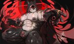 abs anthro barazoku big_bulge big_muscles big_nipples big_pecs black_latex black_liquid bottomwear bulge canid canine canis casting_spell clothing detailed_background dripping facial_markings glistening glistening_clothing gloves handwear head_markings hi_res hood latex latex_bottomwear latex_clothing latex_pants liquid_latex looking_at_viewer male mammal markings muscular muscular_arms muscular_legs muscular_male nipples null_bulge pants pecs pointy_ears quads ring smile solo uriex wave wolf