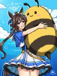  1girl animal_ears beret blue_nails blue_ribbon blue_sky blush breasts brown_hair cloud commentary_request ear_covers gracia_san_dayo grin hair_between_eyes hat highres holding horse_ears horse_girl horse_tail long_hair mole mole_under_eye multicolored_hair ocean one-piece_swimsuit open_mouth purple_eyes ribbon shirt single_ear_cover skirt sky smile solo streaked_hair stuffed_bee swimsuit swimsuit_under_clothes tail teeth twintails umamusume vivlos_(umamusume) vivlos_(voyage_etincelant)_(umamusume) water white_hat white_shirt white_skirt 